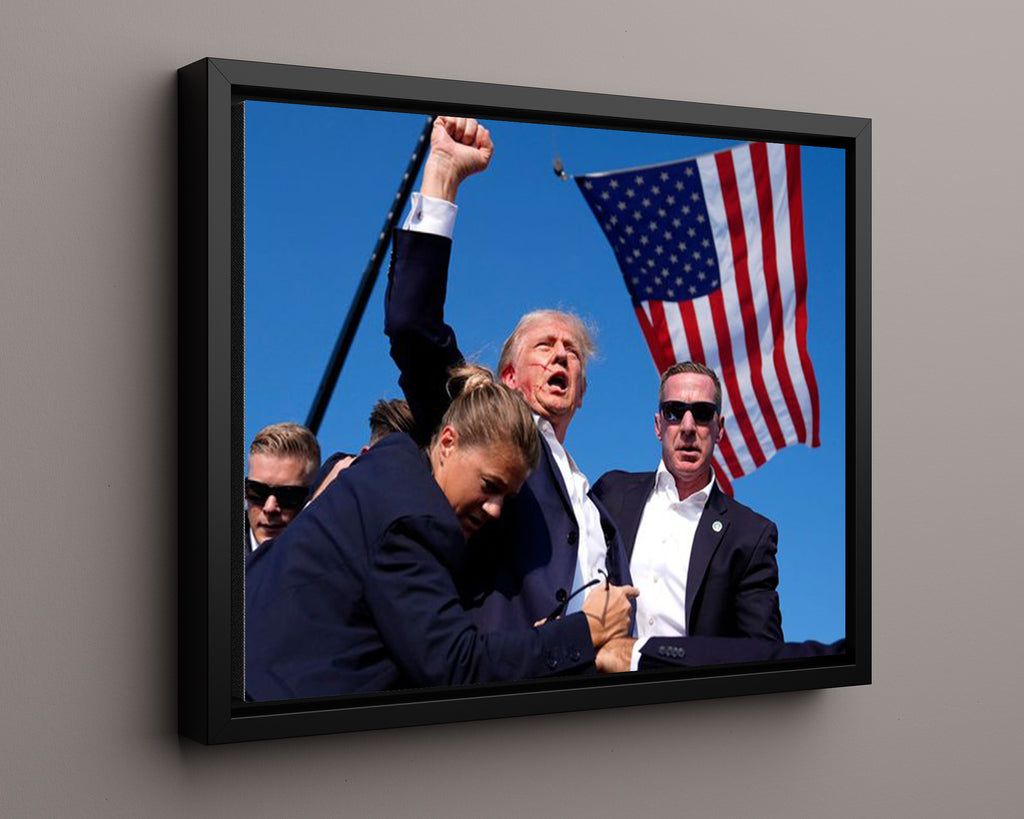 Floating Canvas Wall Art:  Donald Trump July 13, 2024 "Keep Fighting" Fist Pump Framed Photo Floating Canvas - History FSP - Floating Canvas   