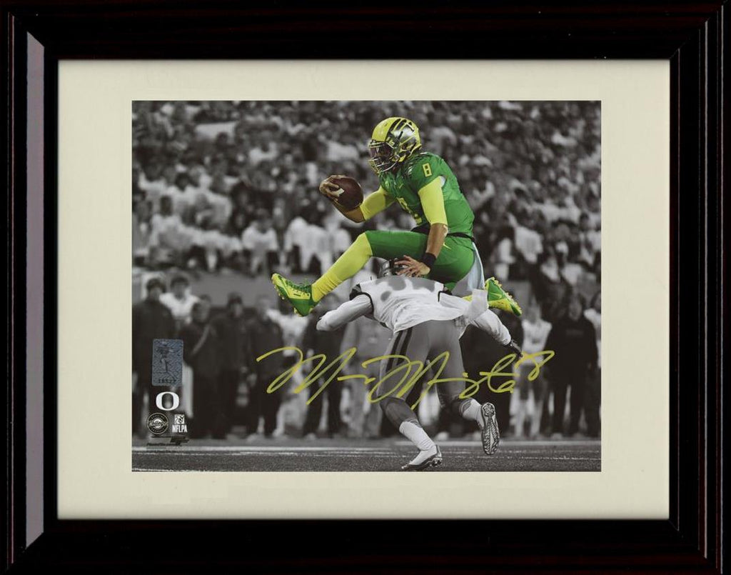 Unframed Marcus Mariota Autograph Promo Print - Oregon Ducks- Leaping Black and White Unframed Print - College Football FSP - Unframed   